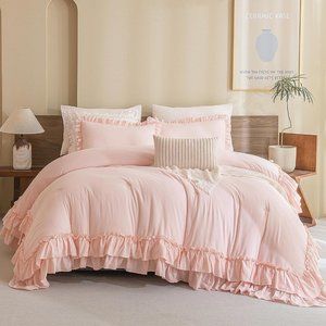 Petal Pink King Size Bed Comforter Set Blush French Shabby Chic Ruffle Bedding
